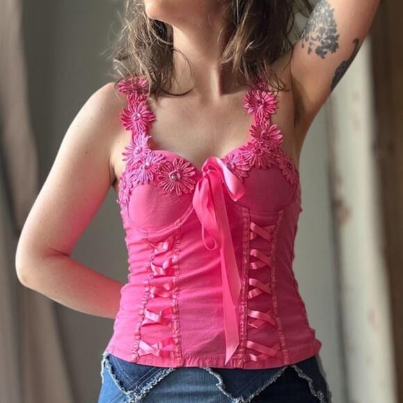 Vintage Tops - Vintage Y2K Bustier Top | Hot Pink Ribbon & Daisy Appliqué | Fairycore | Size M